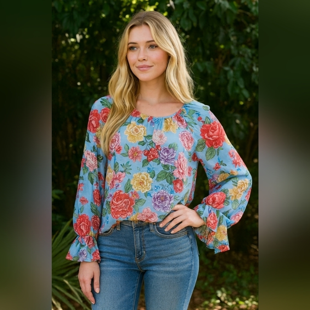 Divine Heritage Revolve S Floral Blouse 100% Silk in Sky